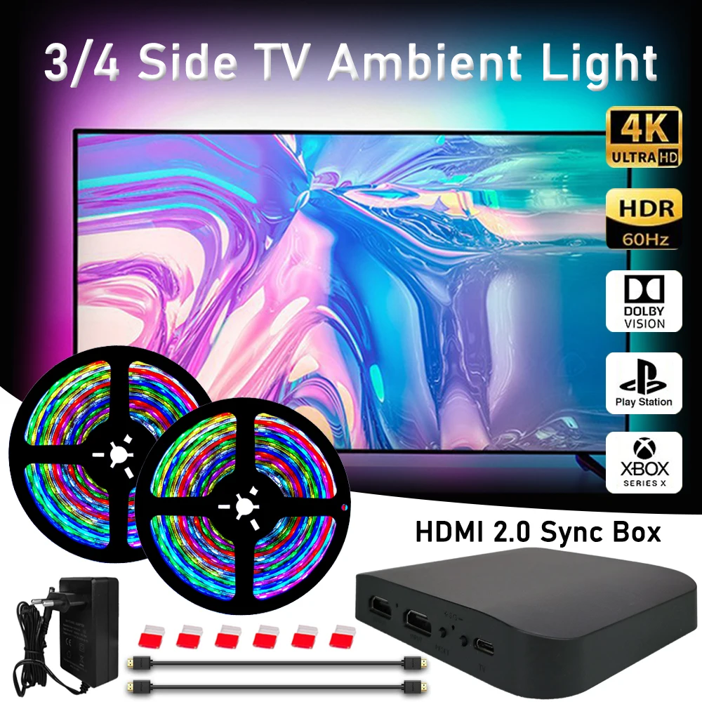 

HDMI 2.0 Ambient TV Led Backlight Sync Box Device Smart Light Bar Strip WS2811 5050 RGBIC For 24-85 inch 4K TV Video PS4 XBOX