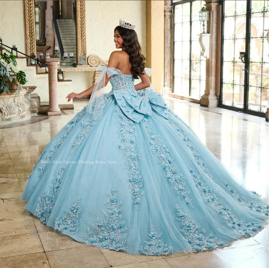 Sky Blue Lace Applique Mexican vestidos de 15 Quinceañera 2024 Sparkling One Shoulder Sweetheart A-line Prom Dress فساتين سهرة