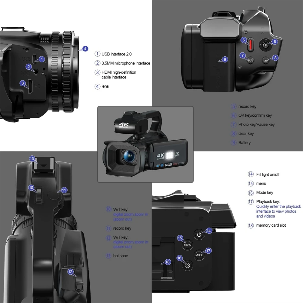 Videocamera digitale portatile con touch screen da 4 pollici con zoom 18X KOMERY RX200 da 64 MP