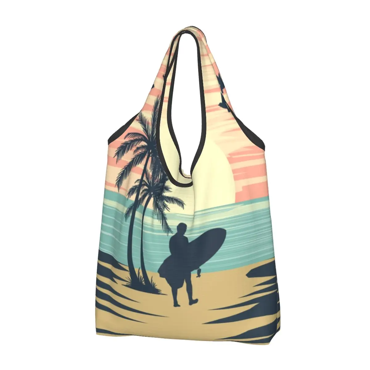 Custom Retro Surfing Grocery Shopping Bags Custom Shopper Shoulder Tote Bag Big Capacity Portable Summer Beach Surfer Handbag