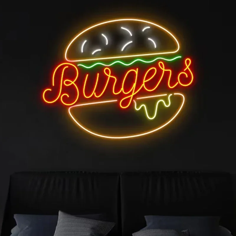 Hamburger Neon Sign Burger Neon Signs  Fast Food Custom Open Shop Neon Led Sign for Restaurant Kitchen Store Wall Decor Logo