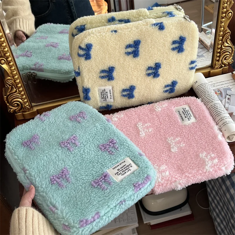 Korean Plush Bow Tablets Case for Ipad Xiaomi 11/13 Inch Laptop Bag for MacBook Air Pro Cute Ins Style Protective Tablet Bag