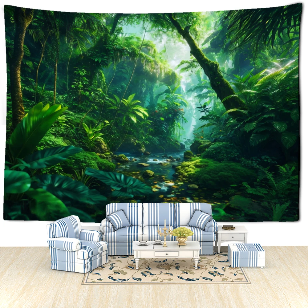 Green Tropical Forest Tapestry Wall Hanging Bohemian Hippie Minimalist Natural Art Room Bedroom Home Decor Background Cloth