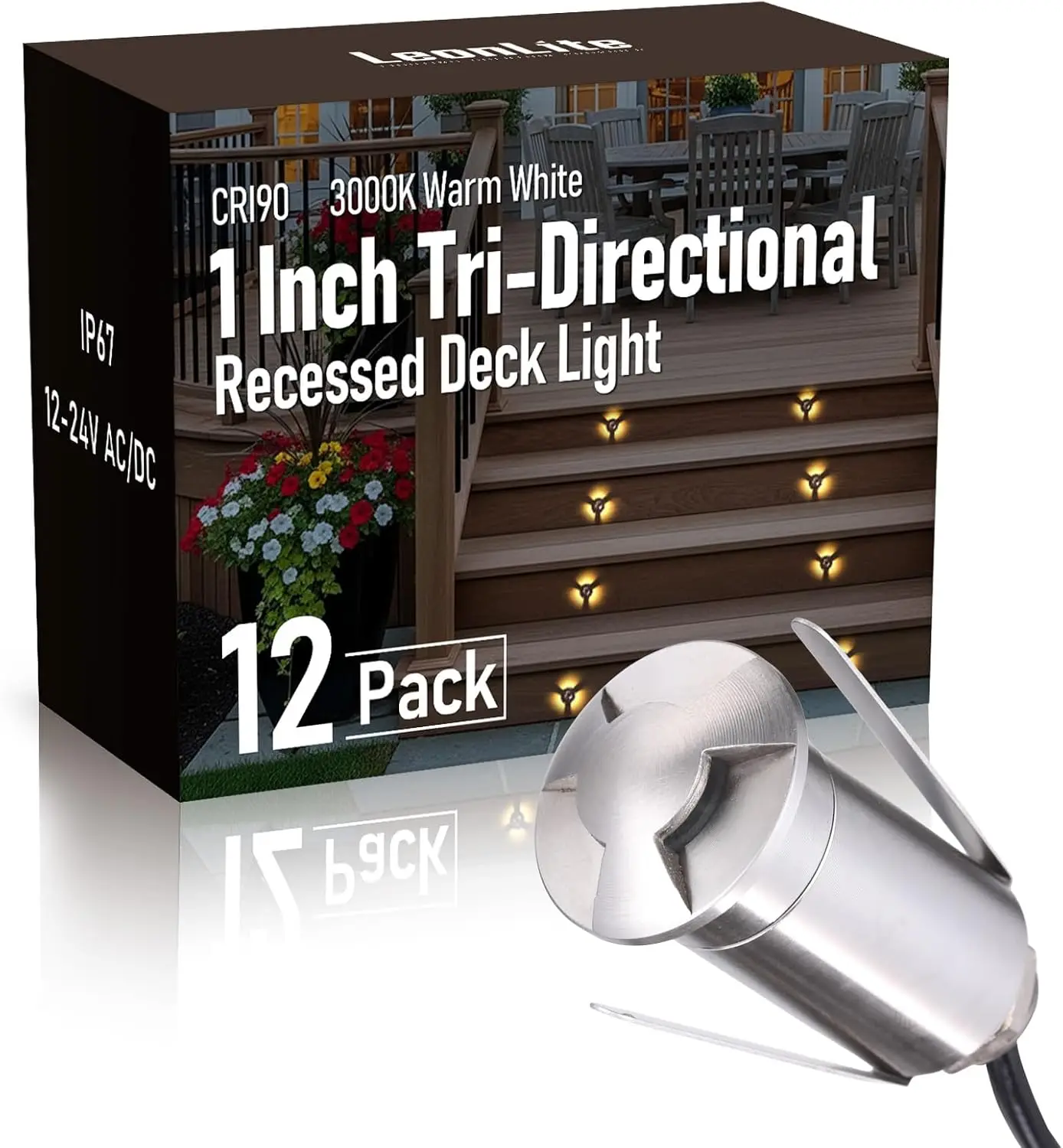 

12-Pack Low Voltage Recessed LED Deck Light, IP67 Waterproof, 12V DC, 1W 3000K Stainless Steel for Patio Pathway Stair Deck