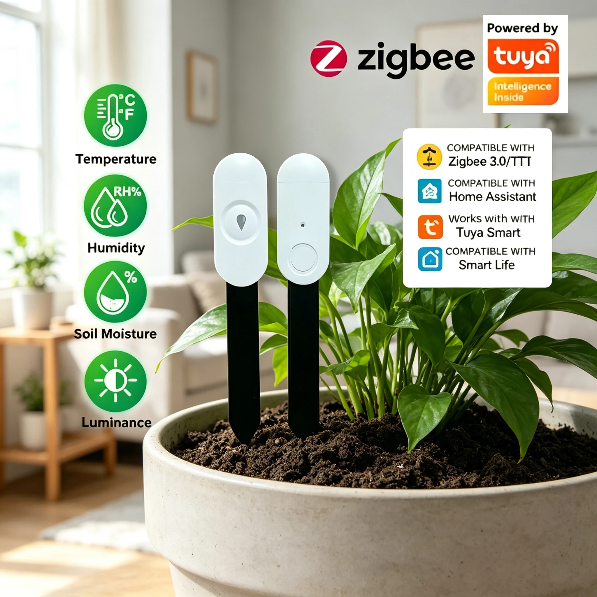 Smart Urban Garden - Czujnik wilgotności gleby Zigbee 3.0, termohigrometr