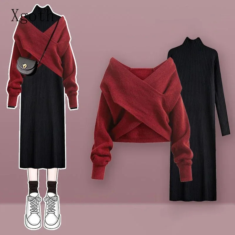 Solid V-neck sweater dress women autumn suit women 2023 Korean new fashion red sweater mid-length knitted skirt two-piece set