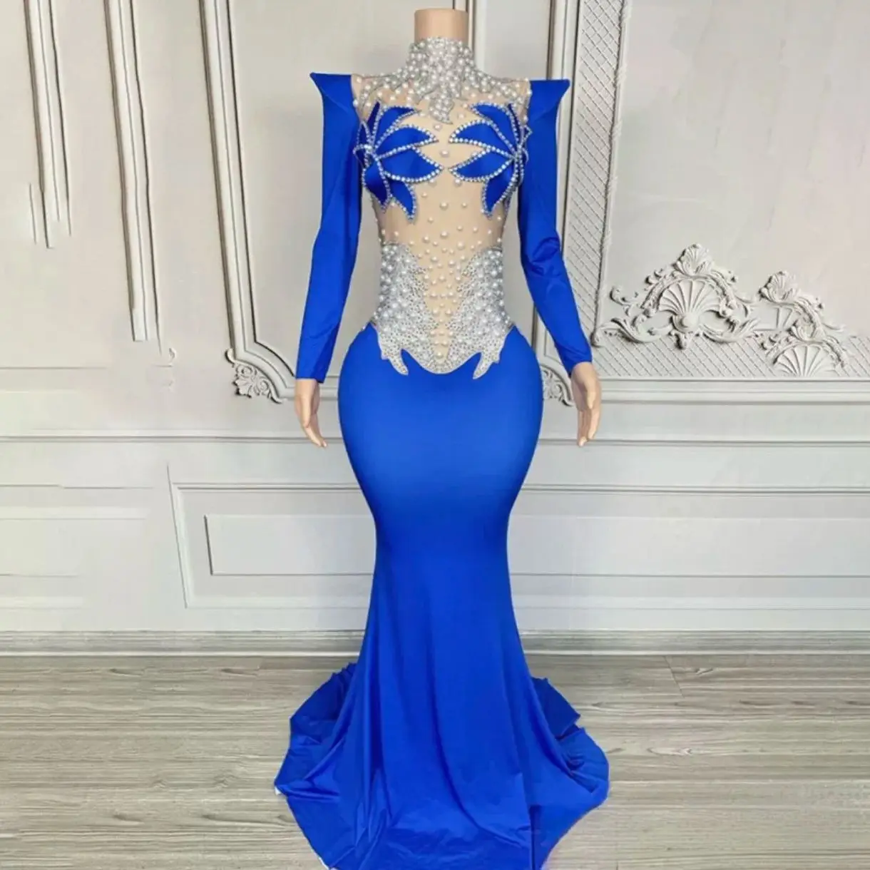 

Sparkly Diamonds Pearl Black Sexy See Through Mesh Long Dress Women Wedding Evening Luxury Birthday Party Stage Photoshoot Dress