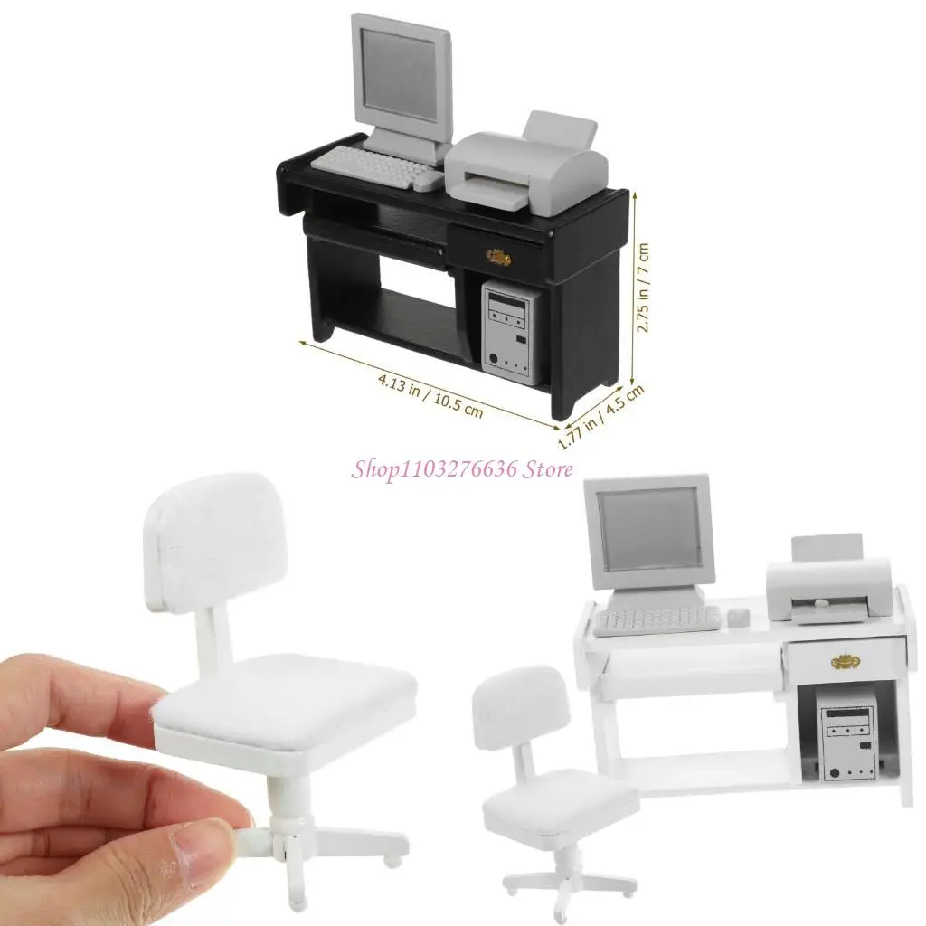 

R6FD 1/12 Miniature Office Scene Model With Desk Chair Printer and Computer For Doll House Office Reading Room Scene Display