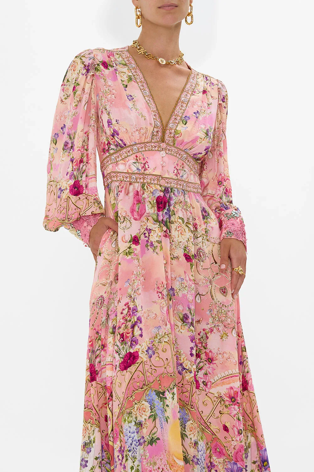 Europese en Amerikaanse nieuwe collectie Hot Sale PrintingVCollar lange mouwen bubble mouw taille gebonden zomer nieuwe dameskleding