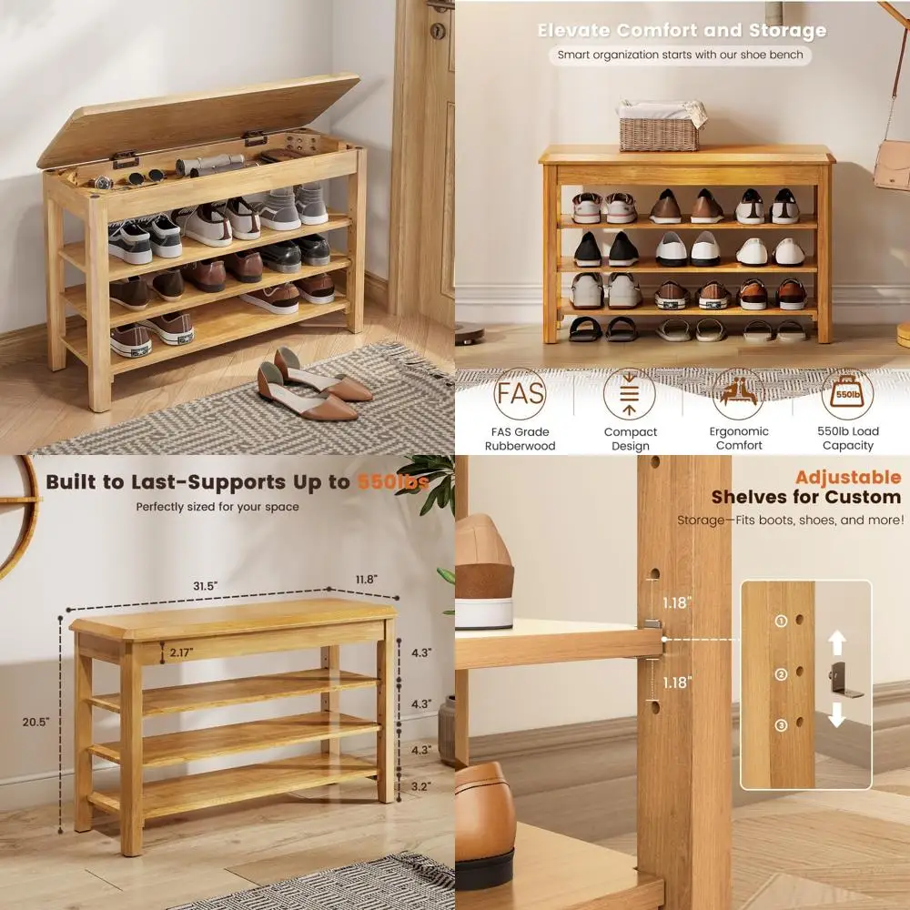 مقعد تخزين من الخشب المطاطي الحديث من منتصف القرن مع رف أحذية، سعة 550 رطل، تصميم مدمج للمدخل والممرات