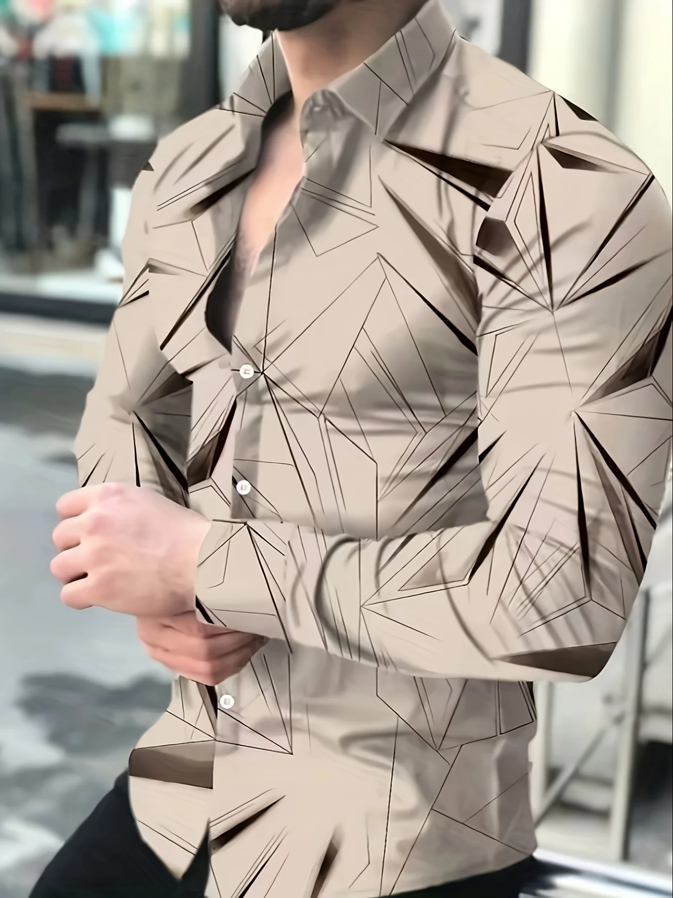 Men's Casual Long Sleeve Shirt Lightweight Polyester Geometric Print, Button-Up with Lapel Collar Machine Washable Fall Winter