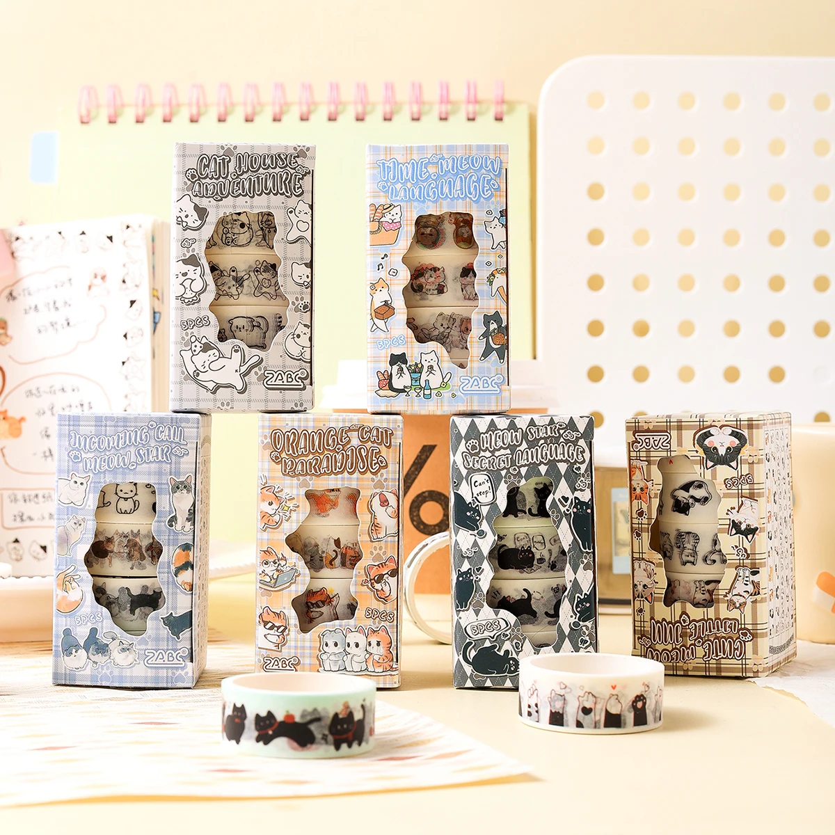 5 ロール、動物柄と和紙テープセット、クリエイティブな猫柄 DIY パンフレットとスクラップブック装飾ファッションテープ