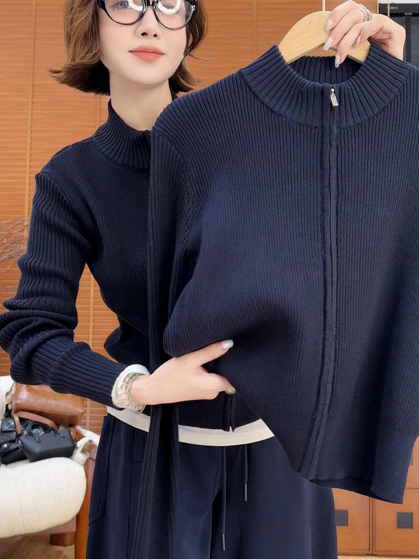 

Ele Zipper Knitted Long Sve Pure Color Sweater Cardigan Women's Faion Slimming Top Commute Sle Regular Fit Medium ...