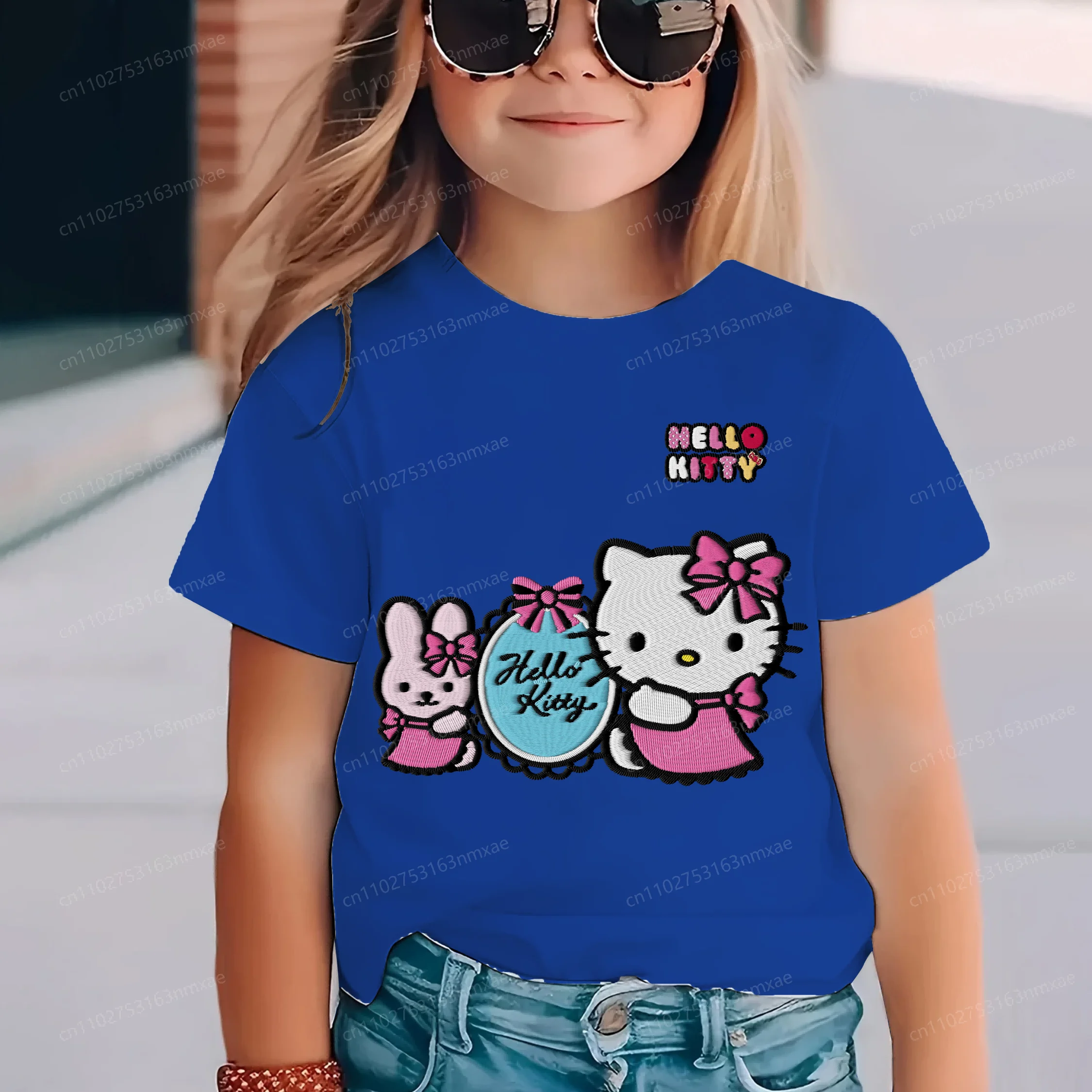 

2025 Girl Clothes T-shirt Embroidery Hello Kitty Girls 3D Printing Kids Crew Neck Children Top Pure Cotton Summer Clothing Child