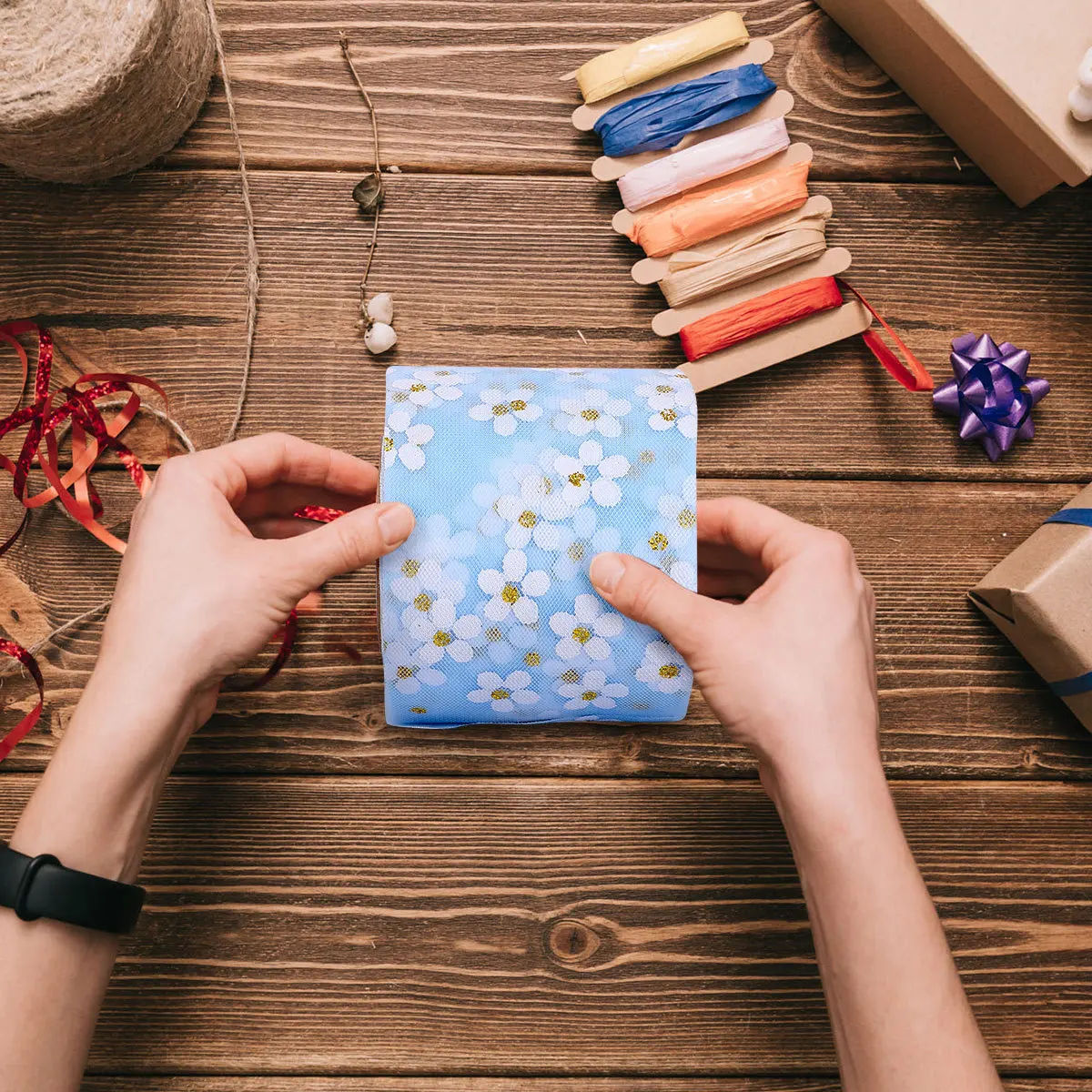 

25 Yard Sky-Blue Gauze Strap Butterfly Bow Ribbon Handmade Small Plum Blossom Printed for Headdress Clothes Dress DIY Gift