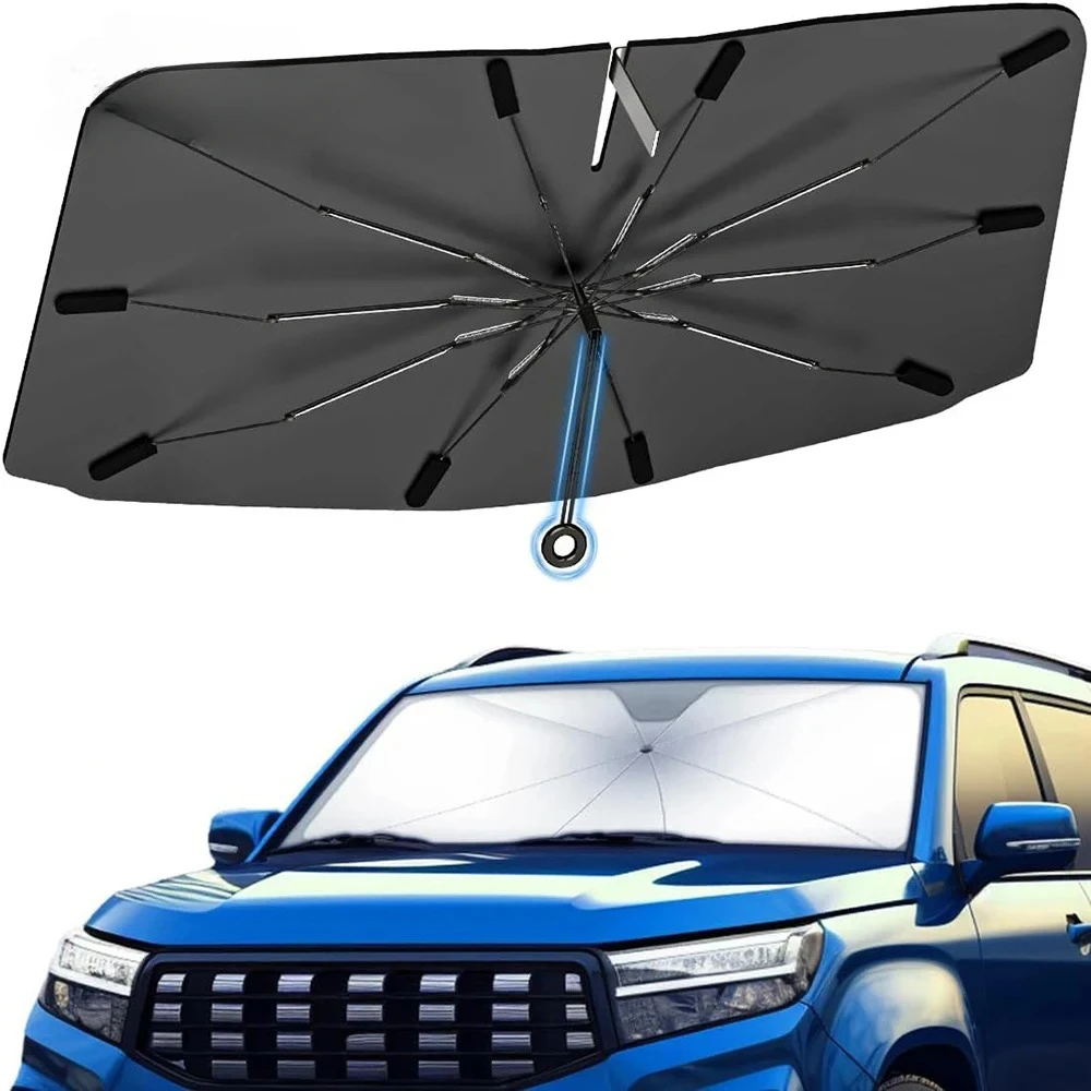 Windshield Sun Shade with 360° Pull Cord Anti-Scratch Handle - Upgraded Sunshade for Car Windshield with Double-Layer Fabric