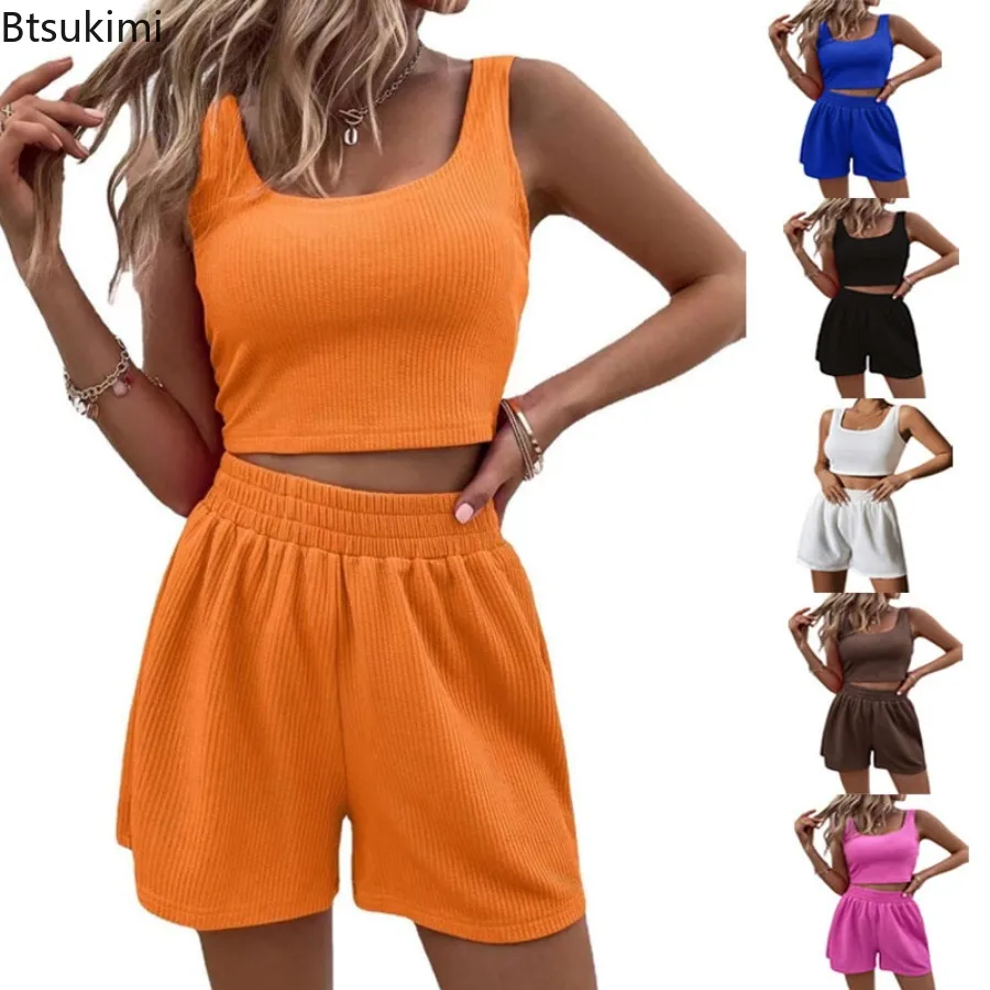 

2025 Women's Summer 2PCS Sport Sets Fashion Solid Sleeveless Crop Tops and Shorts Sets Tracksuit Outfits Women Matching Sets New