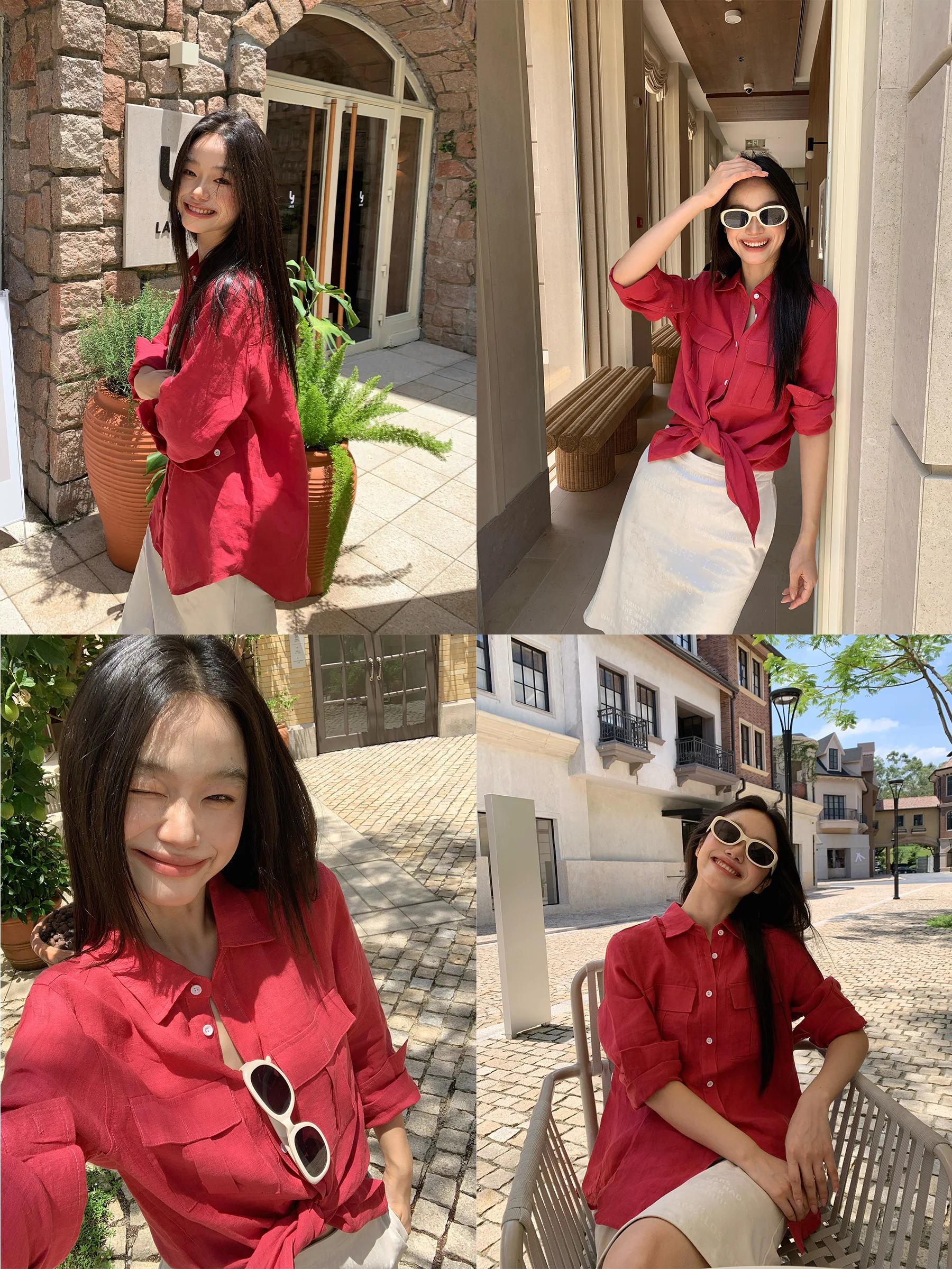 

Crsu Loose Long Sve Red irt Women's Early Spring Casual Sle Turn-down Collar irt Casual Windbreaker Top