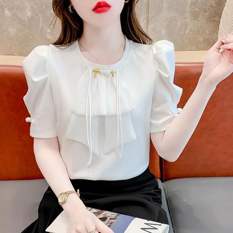 2024 New Summer Chinese Style Fashion Versatile Blouse Short Sleeve Pullovers Round Neck Folds Drawstring Women\'s Blouses Tops