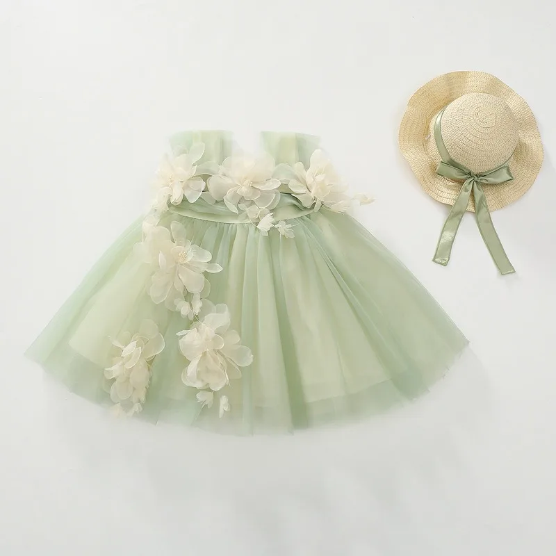 Mädchen Kleid Sommer modische süße Baby Blume Prinzessin Kleid vielseitige Band Strohhut Blume knielange Grills Kleid