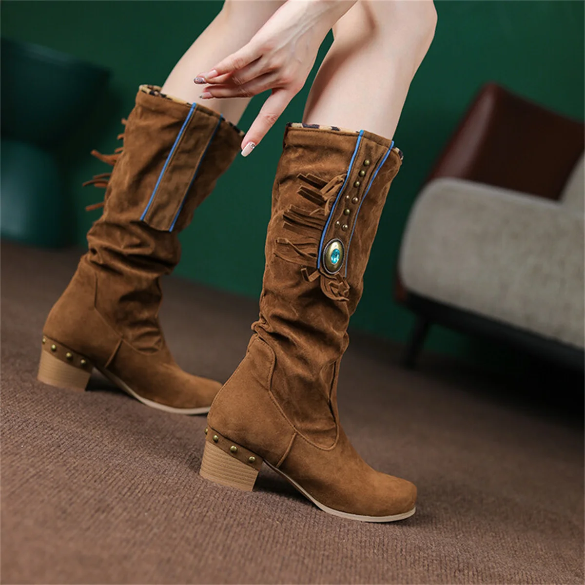 British London Style Suede Girls Shoes Metal Rivet Chevalier Boots Tassels  Thick  Zipper  Thick  Heel 5cm High Jackboots