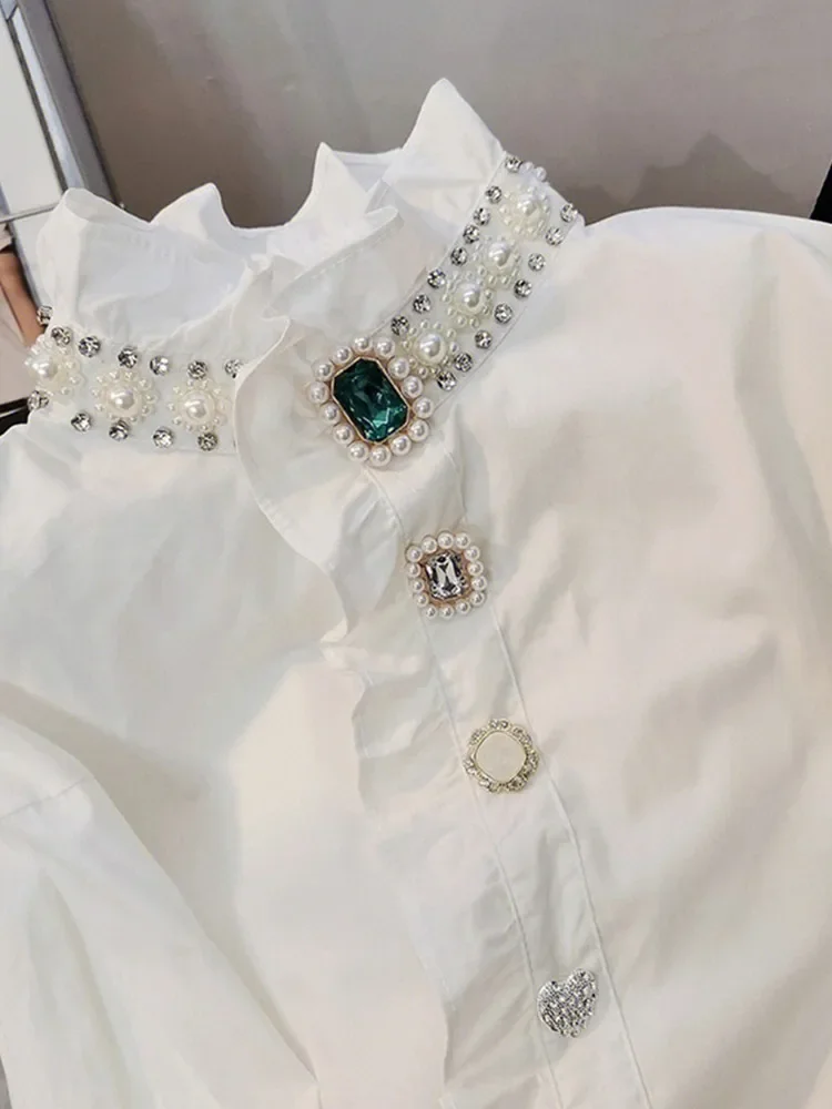 Beautiful Luxury Stand Collar Diamond Beaded Shirt For Women Long Sleeve Autumn Winter Fashion White Blouse