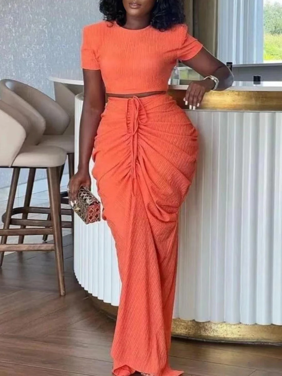 ZIML Solid Chic Two Piece Sets for Women Round Neck Short Sleeve Tops High Waist Spliced Folds Chic Skirts Chic Set Female New