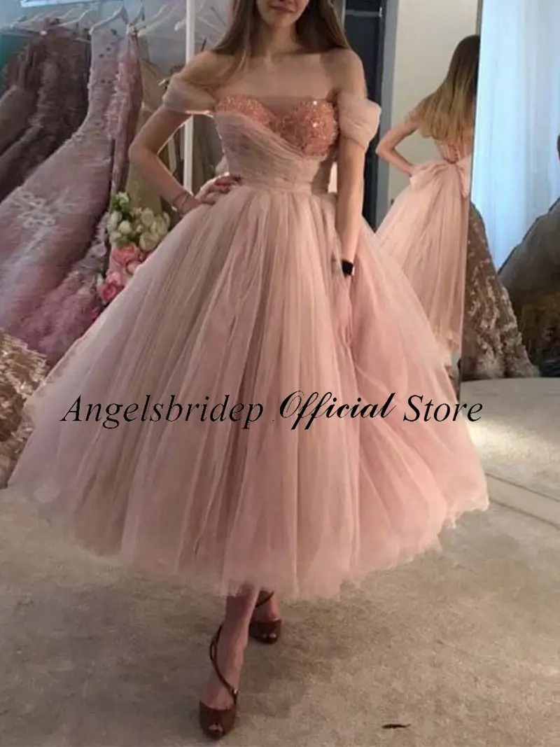 

Angelsbridep Sweetheart Beadings Tea Length Evening Party Graduation Gowns Formal Occasion Dresses Tulle Ball Gown Prom Dresses