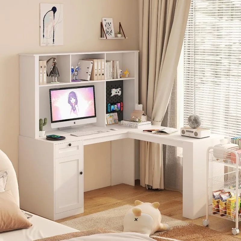 L-shaped Desk with Kitchen Cabinets, Drawers and Bookshelves and LED Lights, Wooden Computer Desk with Charger