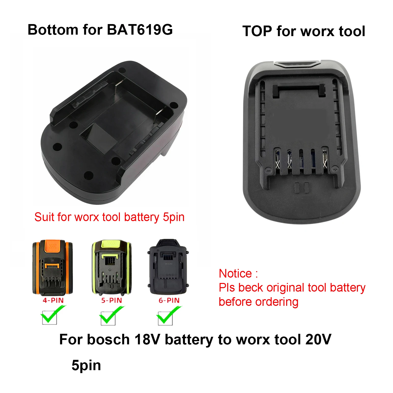 Worx 20V 최대 도구 배터리용 어댑터, 마키타, 디월트, 밀워키, 보쉬 18V, 20V 배터리용, 4 핀, 5 핀, 6 핀