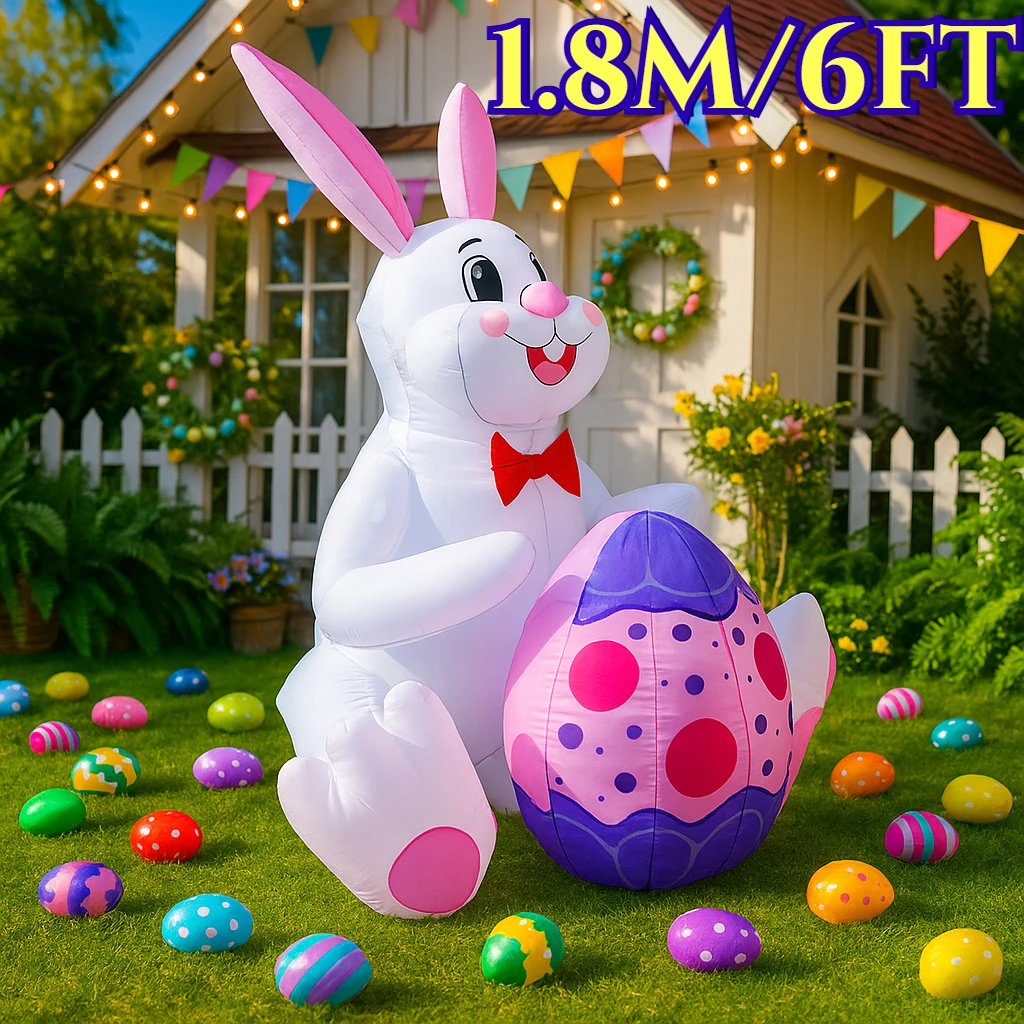 Happy Easter Inflatable Toys 1.8M/6FT White Rabbit Embracing Easter Eggs Decor LED Lights Model Outdoor Garden Party Ornaments