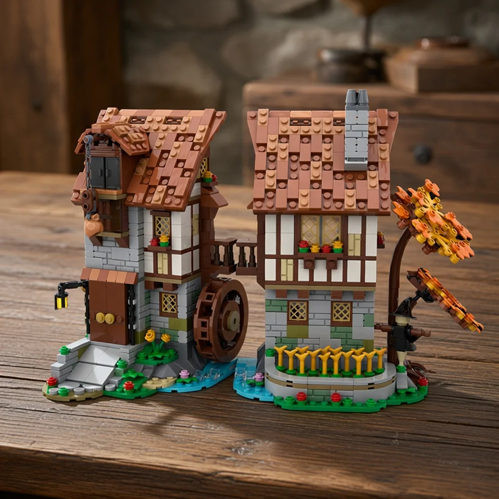 

MOC Medieval Watermill Building Blocks Village Architecture Street View Model Bricks DIY Adult Collection Gift Home Decor