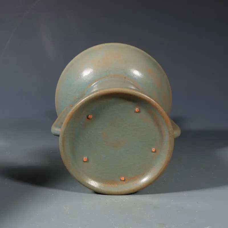 Ru Kiln Sky Blue Crackle Glaze Double Dragon Ear Flanged Vase Chinese Antique Porcelain Ritual Decor Bottle
