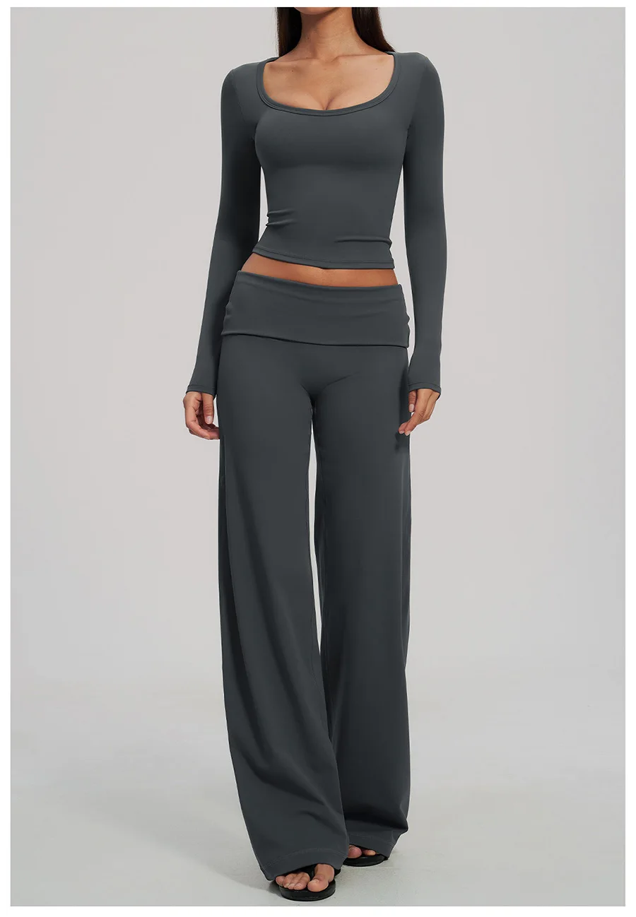 2-teiliges Yoga-Set für Damen, Langarm-Fitness-Oberteil, Trainingsanzug, Sportbekleidung, High-Waist-Hose mit geradem Bein, Fitness-Sportanzug – Detail 19