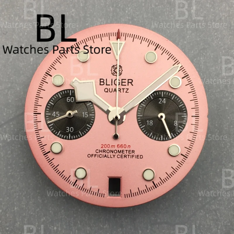 BLIGER 30mm VK64 Dial Hand Black White Pink Sky Blue Dark Blue Gold Dial Green Luminous Fit VK64 Quartz Movement 6 O 'clock Date