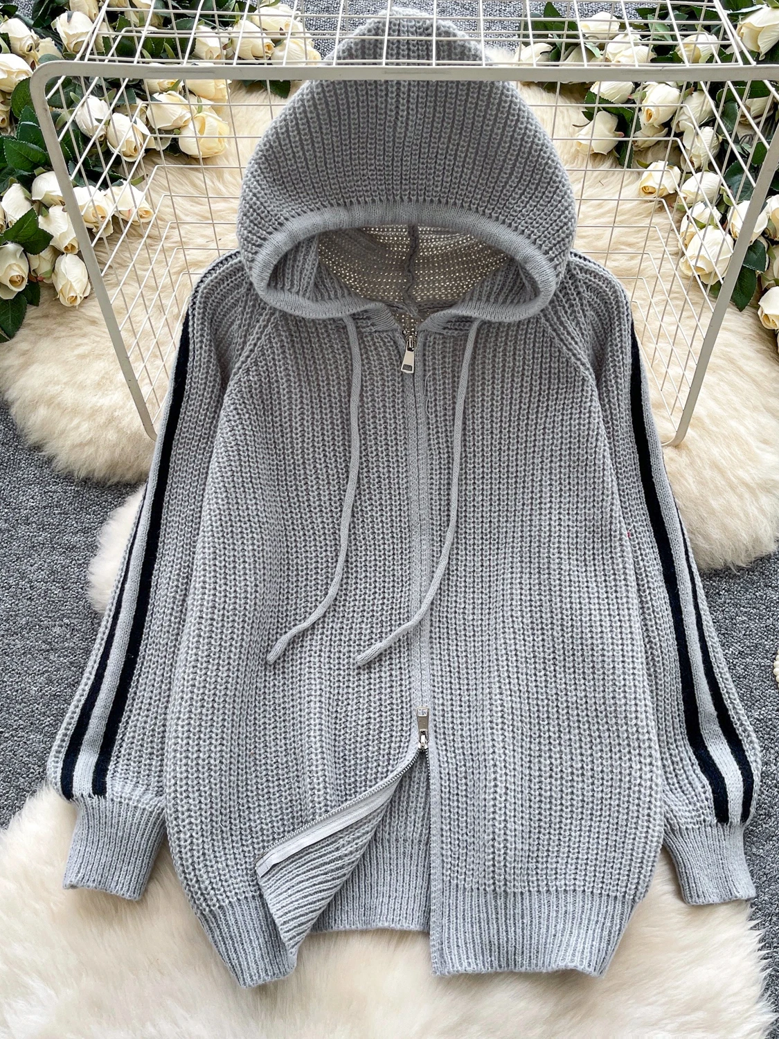 أنيقة عادية فضفاضة تناسب مقنعين سستة طويلة Sve محبوك Jaet المرأة Faionable سترة سترة تخفيف Sle الخريف الدفء #2