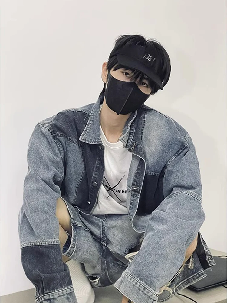 

Waed Denim Jaet for Men Street Sle Hiphop Patchwork Vintage Trendy Workwear Coat Youth ulari Spring Autumn Outerwear