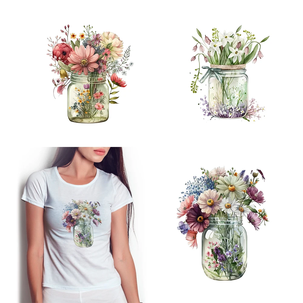 Watercolor Hand-painted Mason Jar of Spring Flowers Iron on Patches for Clothes Dtf Transfers Ready to Press Patch Shirts DIY