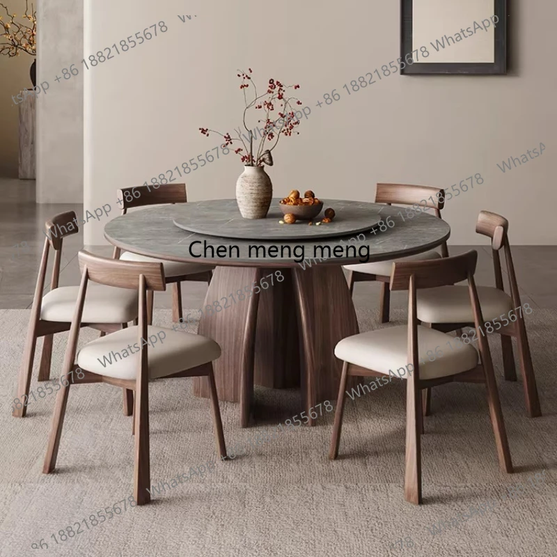 

Modern luxury solid wood rock slab round dining tables and sets with turntable 6 4 chairs dining rooms Tables pliante furniture