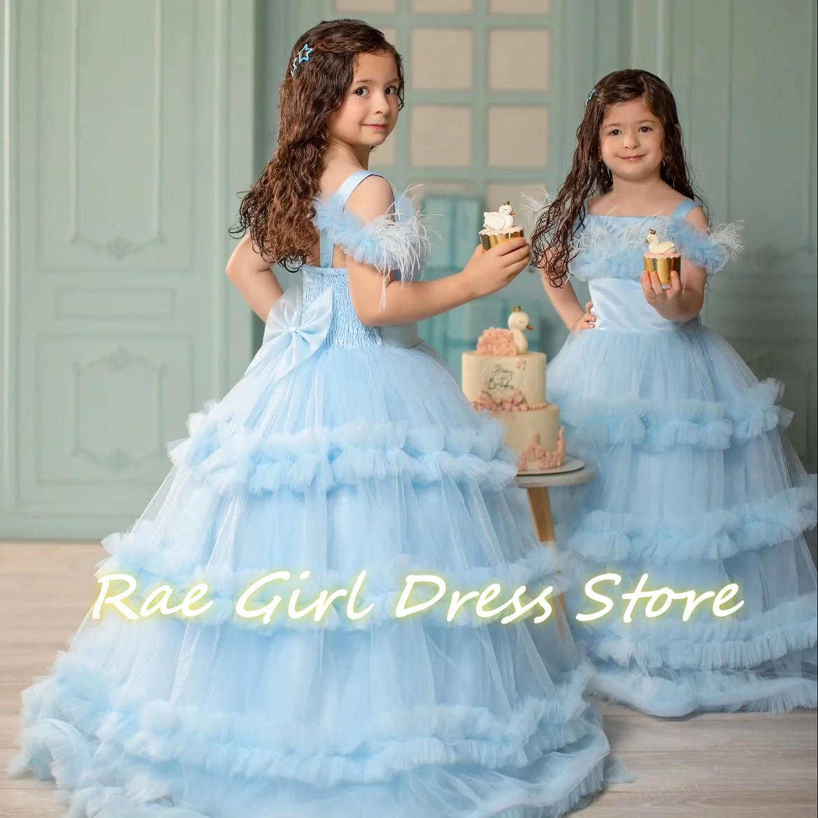 Sage Blue Tulle Matching Flower Girl Dress For 1st Birthday Photoshoot Floor Length Spaghetti Strap Big Bow Multi Layer Ruffle