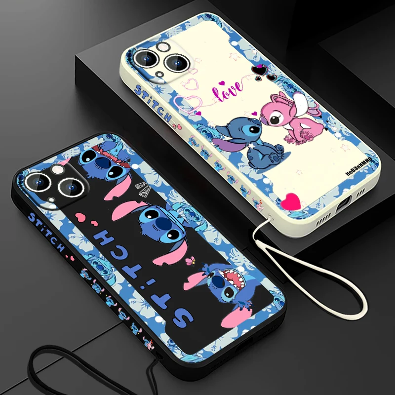 

Cartoon Disney Stitch Phone Case For Apple iPhone 15 14 13 12 11 Pro Max Plus 8 7 SE Liquid Left Rope Capa Cover