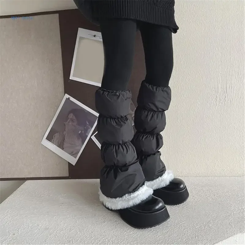 Thermal Padded Leg Covers with Plush Hem Splicing for Skiing and Cold Weather Women Split Puffer Leg Warmers Socks