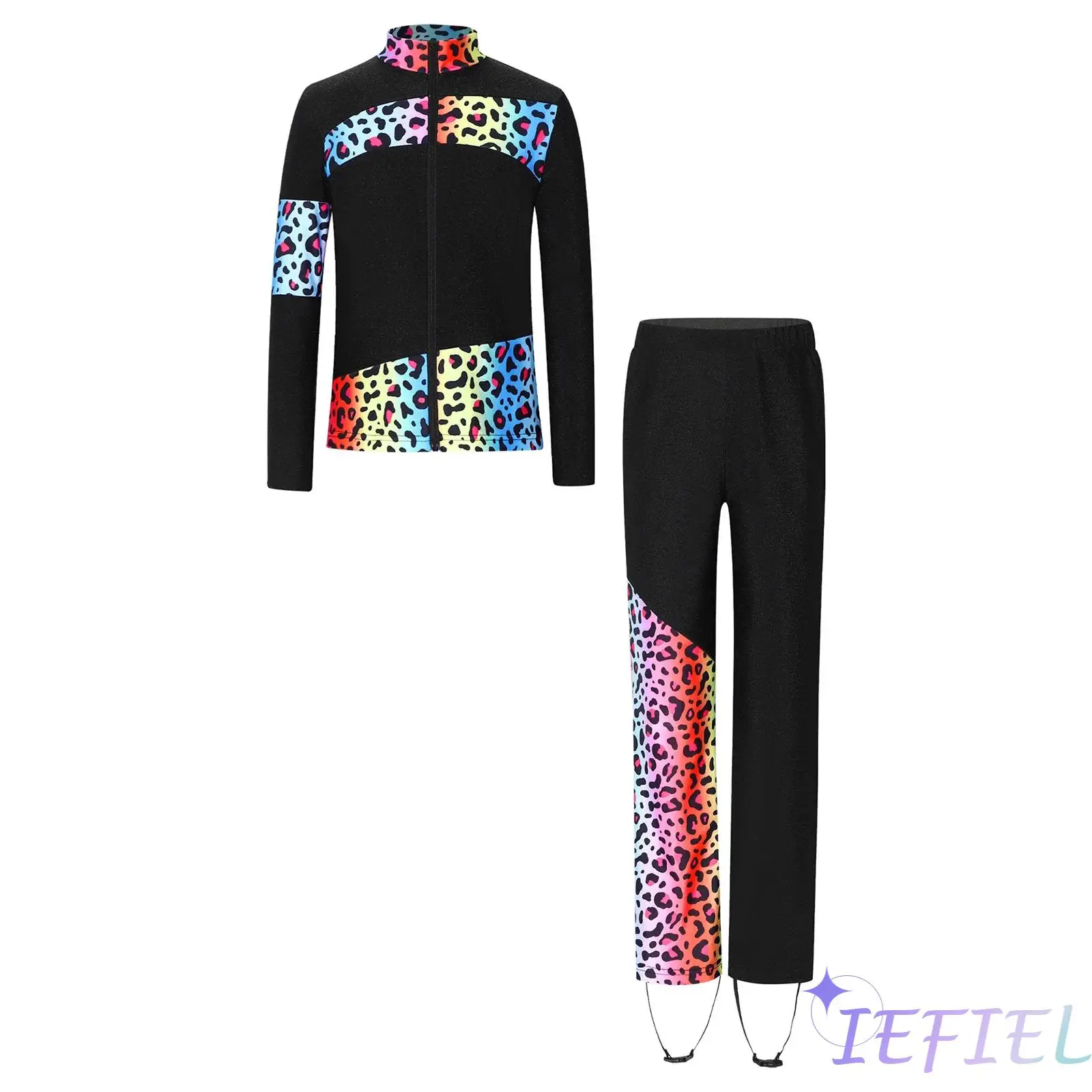 

Kids Girls Figure Skating Outfit 2 Piece Set Mock Neck Long Sleeve Zipper Jacket and Legging Pants for Ballet Latin Dance Train