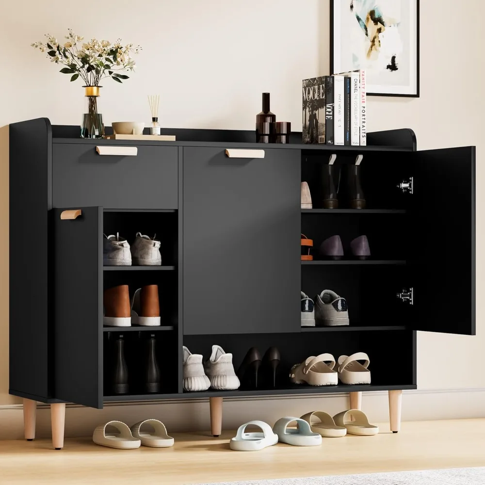 

Cozy Castle Shoe Cabinet with Doors, 4-Tier Shoes Organizer Cabinet with Adjustable Shelves, Wood Storage Rack, Shoe Hanger