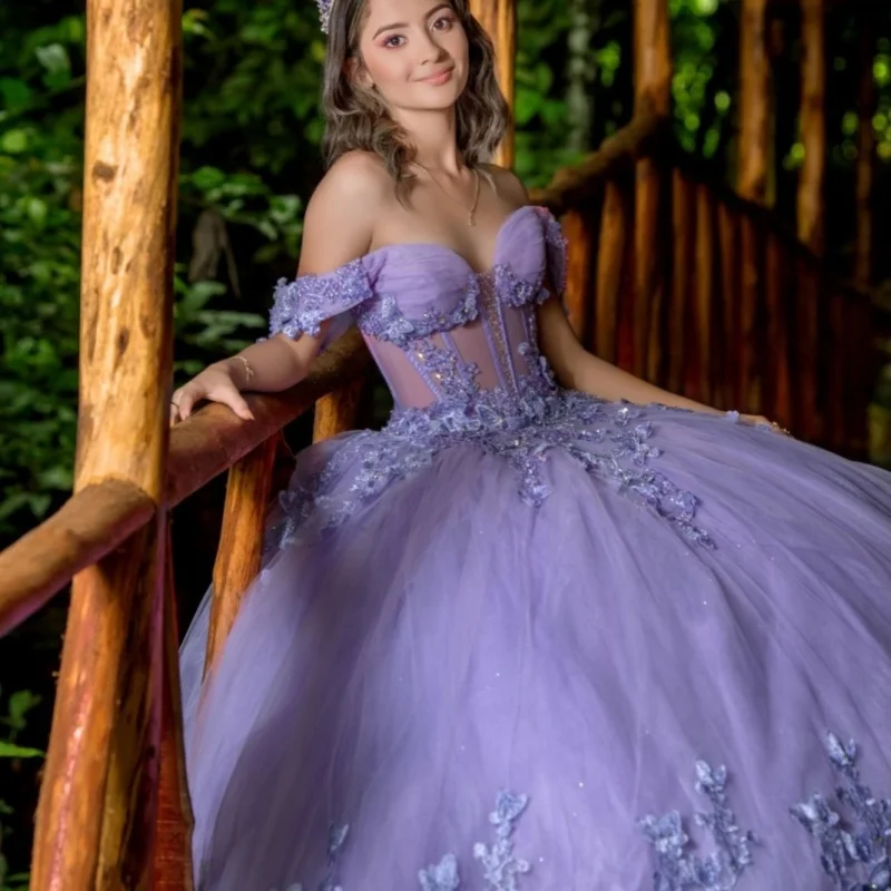 

Lavender Quinceanera Dress off-shoulder Glitter Crystal Butterfly Decal Beads Long tail vestidos de 15 Quinceanera ﻿Customize