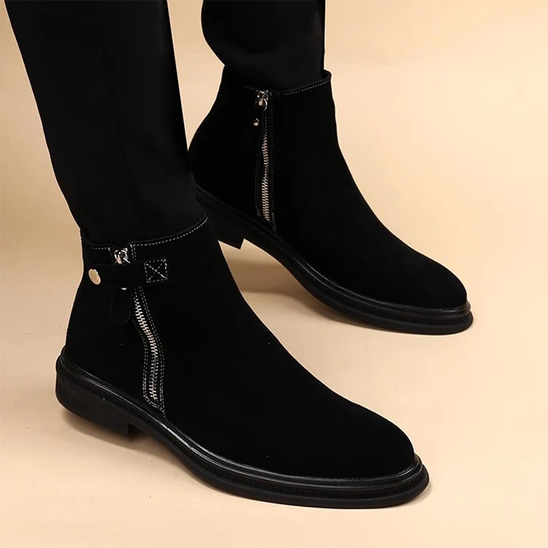 Genuine Leather Men Boots Korean Pointed Toe Ankle Boots British 2023 Winter Warm Suede Leather High Top Men Shoes Botas Hombre