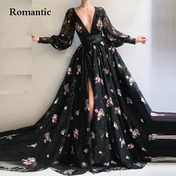 Romantic Black Sexy Evening Dresses Long Sleeves V-Neck Appliques Lace Flowers Formal Dress High Slit Party Prom Gowns