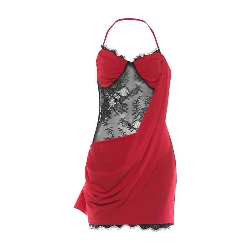 Weird Puss Spitzen-Patchwork-Kleid für Damen, Neckholder, tiefer Ausschnitt, Falten, rückenfrei, ärmellos, eng anliegend, hohe Elastizität, sexy, für Partys, figurbetont – Detail 2