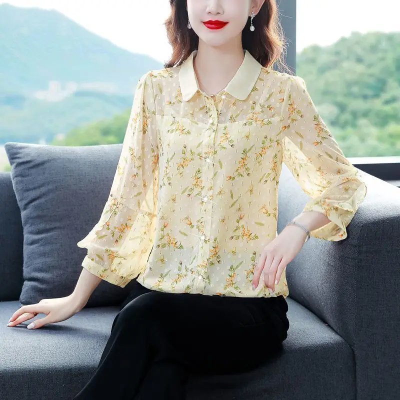 2024 New Spring and Autumn Korean Commuting Minimalist Fashion Versatile Chic Blouses Lapel Print Panel Button Women\'s Shirt Top