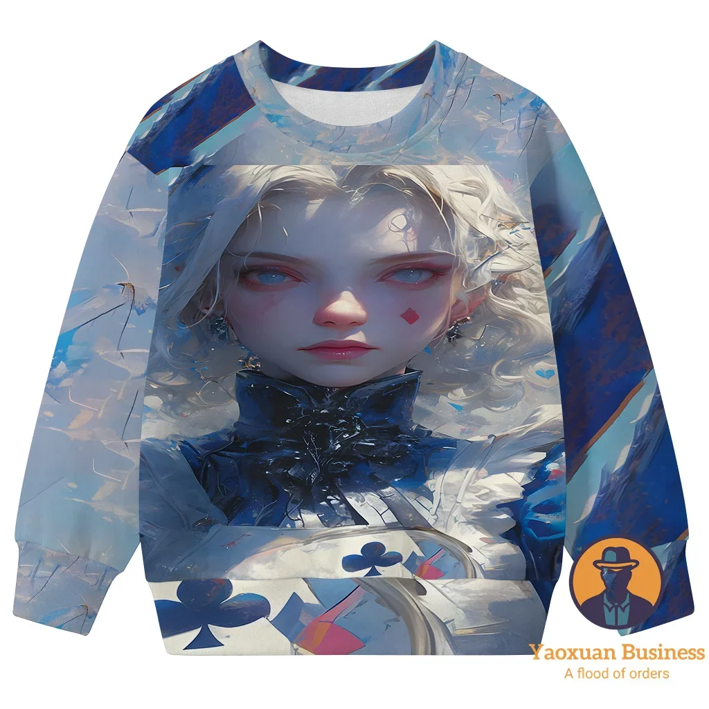 

Stylish 2025 White Alice In Wonderland Little Boys Girls 3D Cartoon Printed Crew Neck Sweatshirt Cute Windproof Warm Autumn